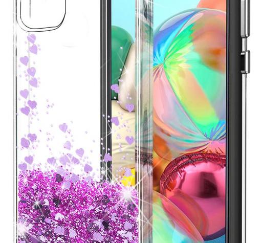 Луксозен твърд гръб 3D Water Case за Samsung Galaxy A41 - прозрачен / течен гръб с брокат / сърца / лилав