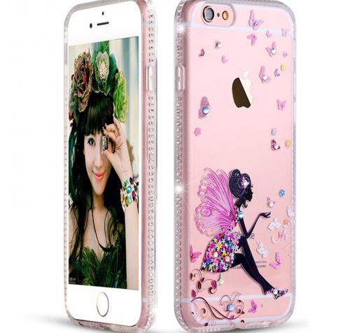 Луксозен силиконов калъф / гръб / TPU с камъни за Apple iPhone 6 / iPhone 6S - фея / пеперуди