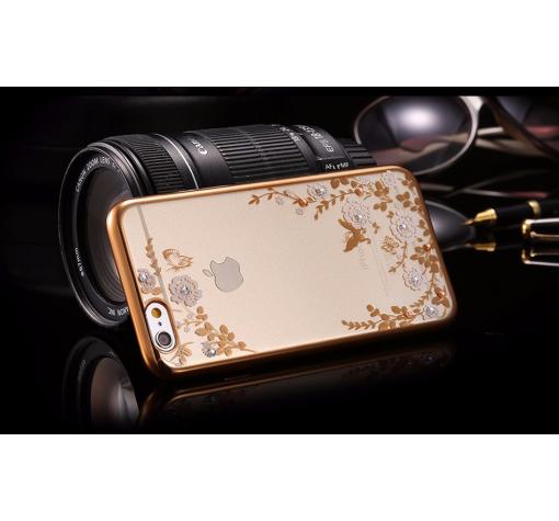Луксозен силиконов калъф / гръб / TPU с камъни за Apple iPhone 6 / iPhone 6S - бели цветя / златист кант — снимка 2