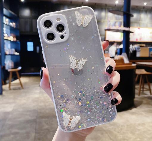 Луксозен твърд кейс със силиконов кант и брокат за Apple iPhone 12 /12 Pro 6.1'' - прозрачен / пеперуди / бял кант