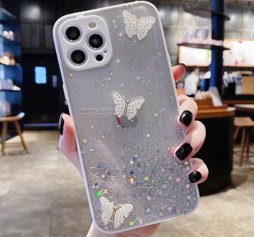 Луксозен твърд кейс със силиконов кант и брокат за Apple iPhone 12 Mini 5.4"- прозрачен / пеперуди / бял кант
