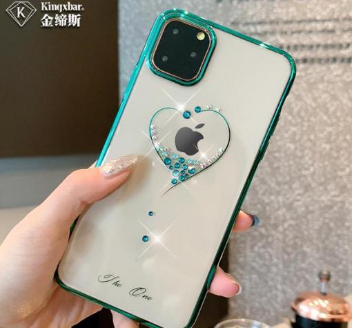 Луксозен твърд гръб KINGXBAR Swarovski Diamond за Apple iPhone 11 Pro Max 6.5'' - прозрачен / тюркоаз кант / сърце — снимка 2