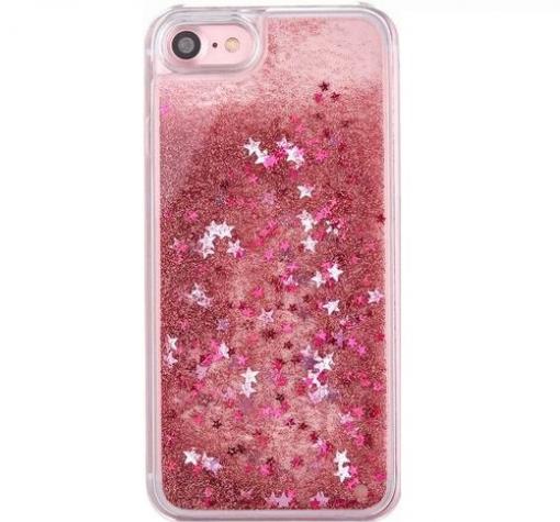 Луксозен твърд гръб 3D за Apple iPhone 6 / iPhone 6S - прозрачен / розов брокат / звездички