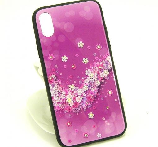 Луксозен стъклен твърд гръб със силиконов кант и камъни за Apple iPhone X - лилав с цветя — снимка 2