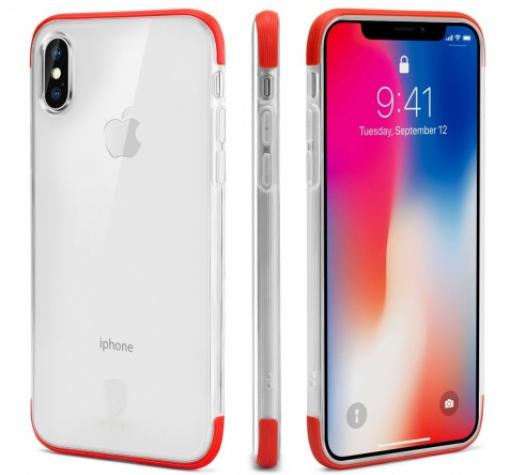 Луксозен силиконов калъф / гръб / TPU Baseus Armor Case за Apple iPhone X - прозрачен / червен кант