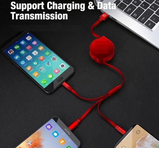 3in1 Retractable charging Cable DIVI / 3в1 кабел iPhone USB / Type C / рулетка 3.5A - червен — снимка 2