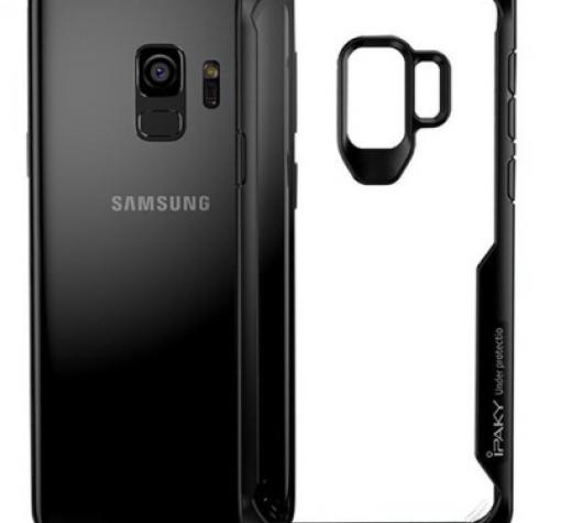 Луксозен твърд гръб със силиконов кант IPAKY за Samsung Galaxy J4 2018 - прозрачен / черен кант