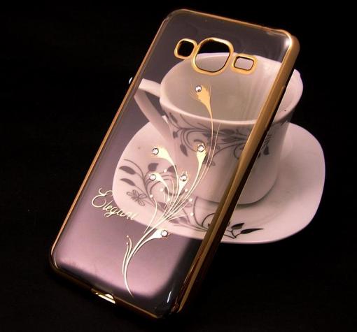 Луксозен силиконов калъф / гръб / TPU / Elegant с камъни за Samsung Galaxy J5 J500 - прозрачен със златист кант / перо