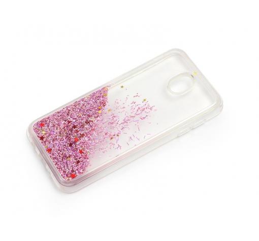 Луксозен твърд гръб 3D за Samsung Galaxy J7 2017 J730 - прозрачен / розов брокат / звездички — снимка 2