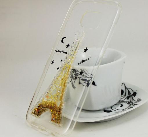 Силиконов калъф / гръб / TPU 3D за Samsung Galaxy S7 Edge G935 - прозрачен / Айфелова кула / златист брокат — снимка 2
