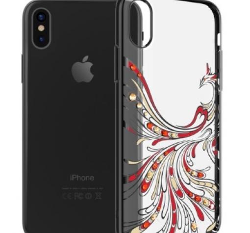 Луксозен твърд гръб KAVARO WING за Apple iPhone X - прозрачен с черен кант / феникс