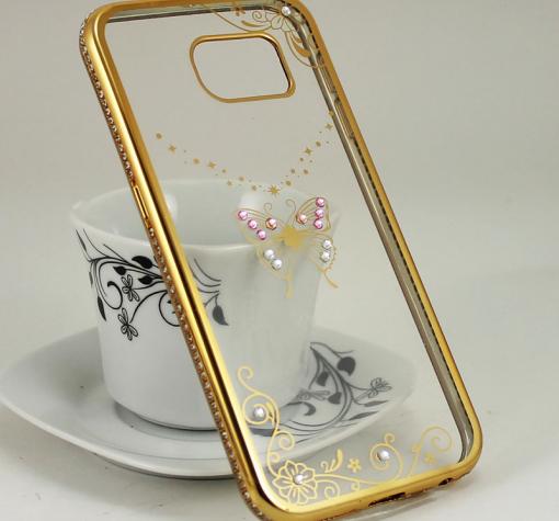Луксозен силиконов калъф / гръб / TPU с камъни за Samsung Galaxy S7 G930 - прозрачен / пеперуда / златист кант