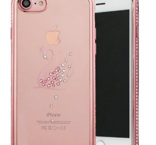 Луксозен силиконов калъф / гръб / TPU с камъни за Apple iPhone 7 Plus - прозрачен с Rose Gold кант / лебед