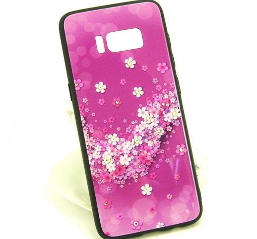 Луксозен стъклен твърд гръб със силиконов кант и камъни за Samsung Galaxy S8 G950 - лилав с цветя — снимка 2