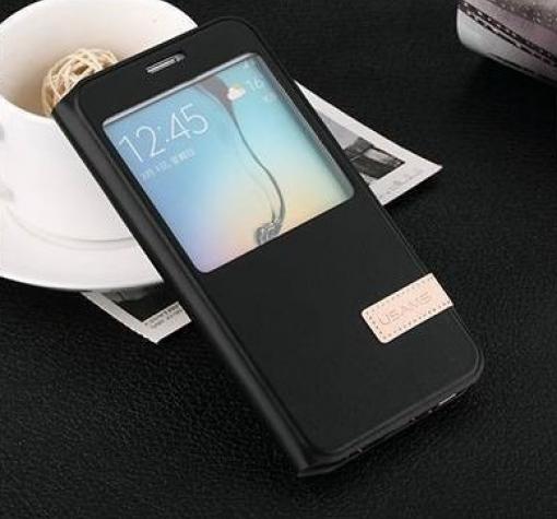Луксозен кожен калъф тефтер S-View със стойка USAMS Muge Series за Samsung Galaxy S6 G920 - черен — снимка 4