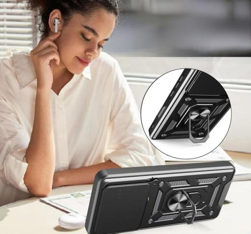 Удароустойчив гръб TPU кейс Slide Camera Case Magnetic Finger Ring Car Holder за Honor 400 Lite - черен — снимка 3