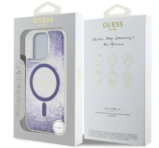 Оригинален калъф / гръб / GUESS Bottom Glitter с безжично зареждане MagSafe кейс за Apple iPhone 16 (6.1) - лилав брокат — снимка 3