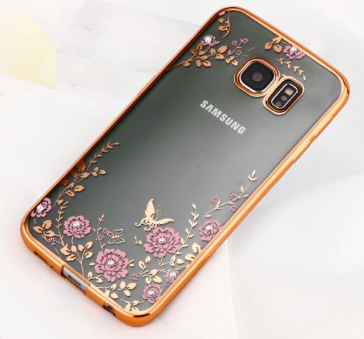 Луксозен силиконов калъф / гръб / TPU с камъни за Samsung Galaxy S6 Edge G925 - розови цветя / златист кант — снимка 2