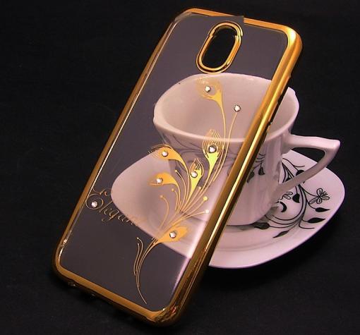 Луксозен силиконов калъф / гръб / TPU / Elegant с камъни за Nokia 6 2017 - прозрачен със златист кант / перо