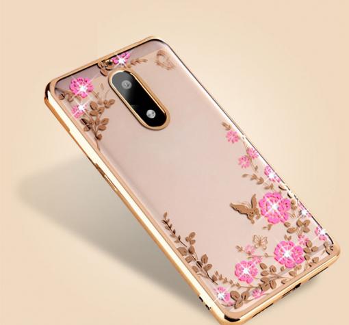 Луксозен силиконов калъф / гръб / TPU с камъни за Nokia 8 Sirocco - прозрачен / розови цветя / златист кант