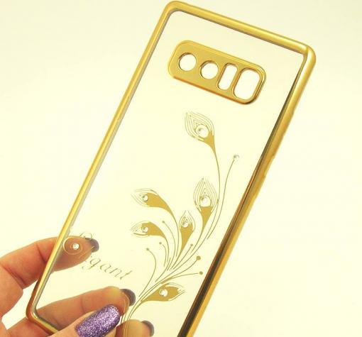 Луксозен силиконов калъф / гръб / TPU / Elegant с камъни за Samsung Galaxy Note 8 N950 - прозрачен със златист кант / перо