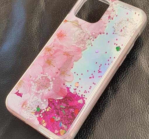 Луксозен гръб 3D Water Case за Apple iPhone 12 /12 Pro 6.1'' - течен гръб с брокат / огледален с розови цветя — снимка 2