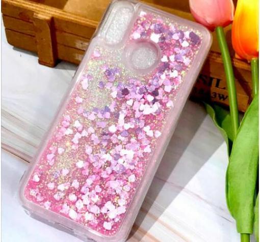 Луксозен твърд гръб 3D Water Case за Huawei Honor 20e - прозрачен / течен гръб с брокат / сърца / розов