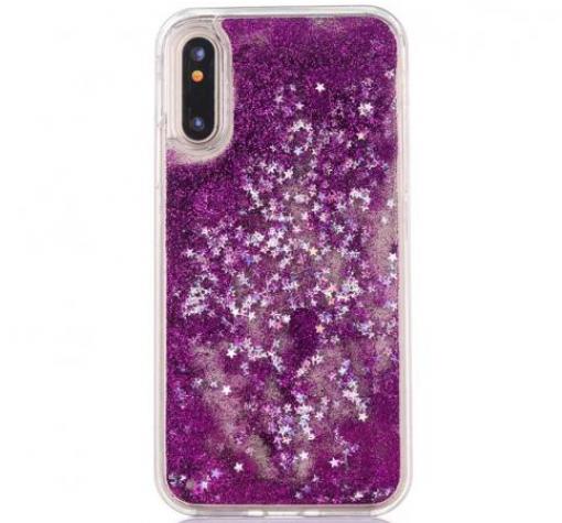 Луксозен твърд гръб 3D Water Case за Huawei Y5 2019 - прозрачен / течен гръб с лилав брокат