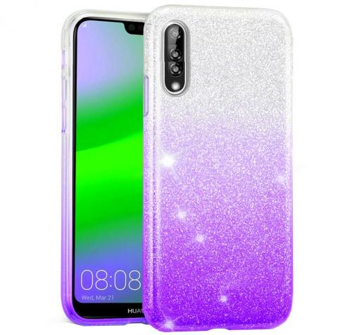 Силиконов калъф / гръб / TPU за Huawei P20 Pro - преливащ / сребристо и лилаво / брокат
