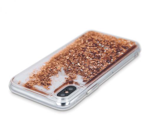 Луксозен твърд гръб 3D Water Case за Huawei P40 lite - прозрачен / течен гръб със златен брокат — снимка 2