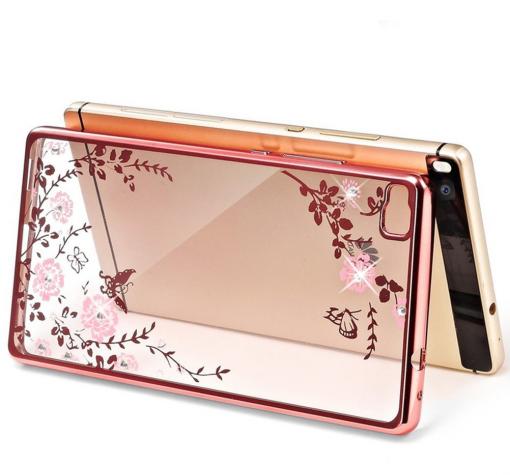Луксозен силиконов калъф / гръб / TPU с камъни за Huawei Ascend P8 Lite / Huawei P8 Lite - розови цветя / Rose Gold кант — снимка 2