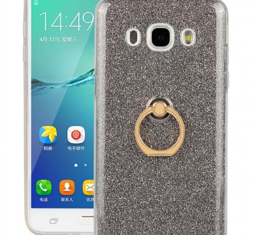 Луксозен силиконов гръб със стойка за Samsung Galaxy J5 2016 J510 - тъмно сив / брокат