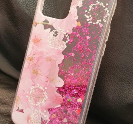 Луксозен гръб 3D Water Case за Apple iPhone 12 /12 Pro 6.1'' - течен гръб с брокат / прозрачен с розови цветя — снимка 2