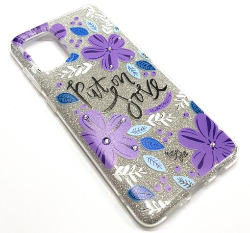 Силиконов калъф / гръб / TPU за Huawei Y5p - сребрист брокат / лилави цветя / Put on Love
