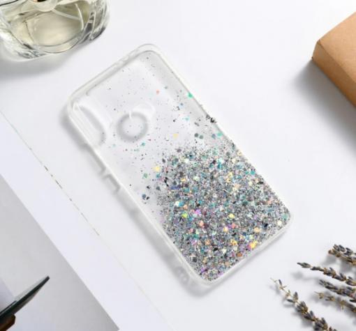 Луксозен гръб 3D за Xiaomi Redmi 9C - прозрачен / сребрист брокат / звездички