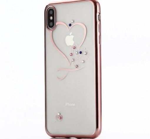 Луксозен силиконов калъф / гръб / TPU с камъни за Apple iPhone 11 Pro 5.8" - прозрачен / Rose Gold кант / сърце