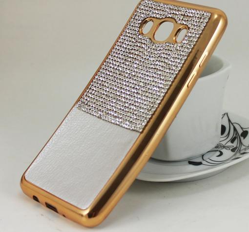 Луксозен силиконов калъф / гръб / TPU с камъни за Samsung Galaxy J5 2016 J510 - сребрист със златист кант / имитиращ кожа — снимка 2