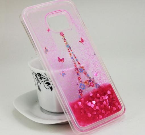 Силиконов калъф / гръб / TPU 3D за Samsung Galaxy S7 Edge G935 - Айфелова кула / цветя и пеперуди / розов брокат