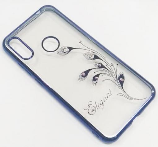 Луксозен силиконов калъф / гръб / TPU / Elegant с камъни за Huawei P30 Lite - прозрачен със син кант / перо