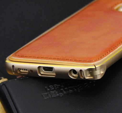 Метален бъмпер / Bumper / с кожен гръб за Samsung Galaxy S6 Edge G925 - кафяв — снимка 2