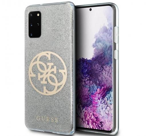 Оригинален силиконов гръб Guess Glitter за Samsung Galaxy S20 Plus - прозрачен / брокат