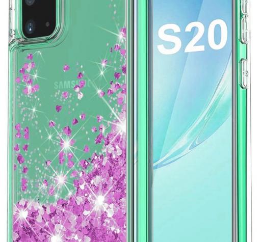 Луксозен твърд гръб 3D Water Case за Samsung Galaxy S20 - прозрачен / течен гръб с брокат / сърца / лилав