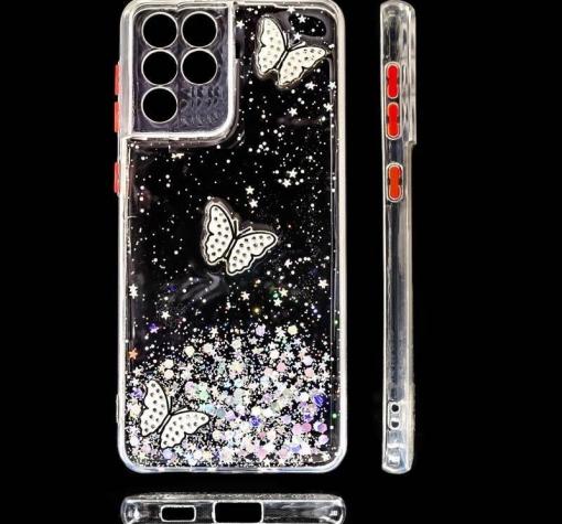 Луксозен твърд кейс със силиконов кант и брокат за Samsung Galaxy S21 Ultra - прозрачен / пеперуди