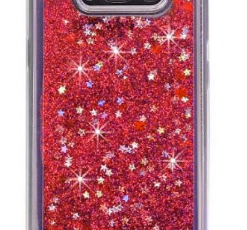 Луксозен твърд гръб 3D за Samsung Galaxy S8 G950 - прозрачен / червен брокат / звездички
