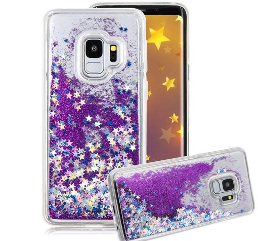 Луксозен твърд гръб 3D за Samsung Galaxy S9 G960 - прозрачен / лилав брокат / звездички