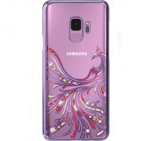 Луксозен твърд гръб KAVARO Swarovski Diamond за Samsung Galaxy S9 G960 - прозрачен с лилав кант / феникс