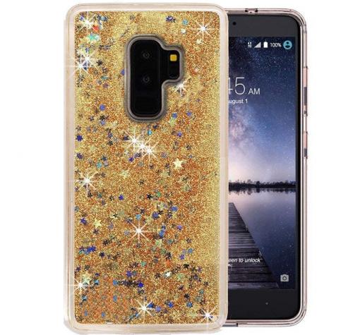Луксозен твърд гръб 3D за Samsung Galaxy A6 2018 - прозрачен / златист брокат / звездички