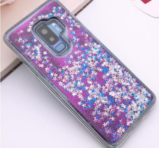 Луксозен твърд гръб 3D за Samsung Galaxy S9 Plus G965 - прозрачен / лилав брокат / звездички