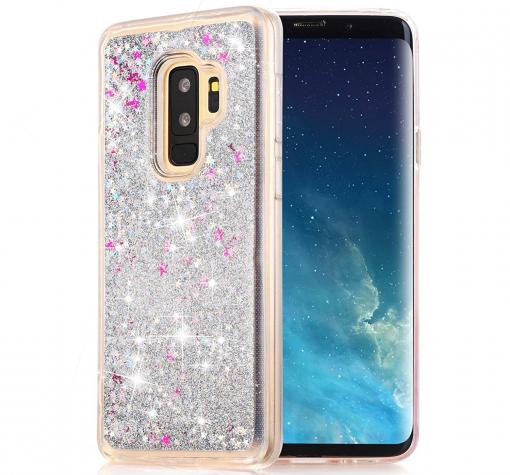Луксозен твърд гръб 3D за Samsung Galaxy S9 Plus G965 - прозрачен / сребрист брокат / звездички