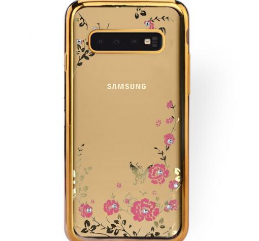 Луксозен силиконов калъф / гръб / TPU с камъни за Samsung Galaxy S10 Plus - прозрачен / розови цветя / златист кант